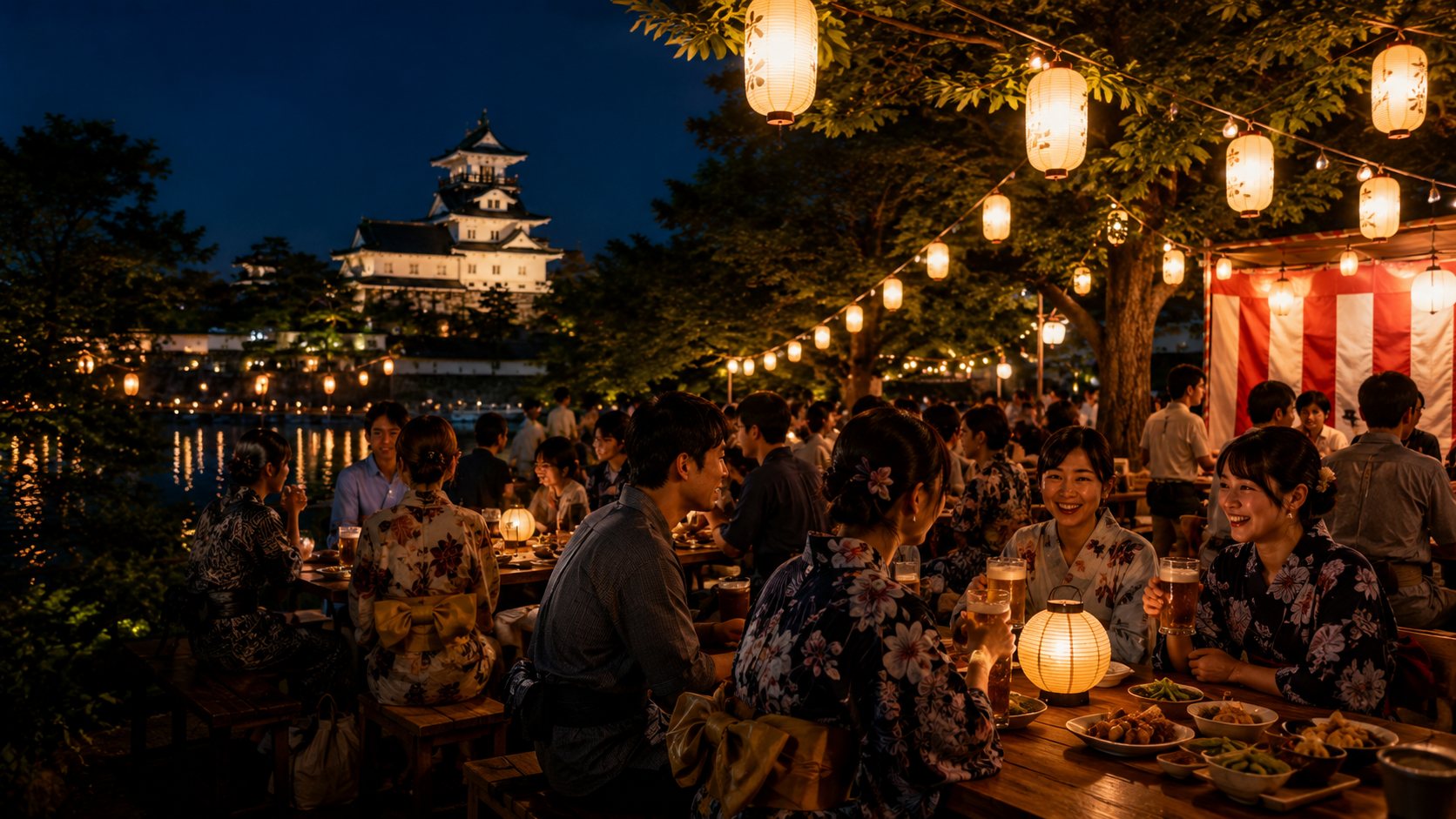 堀端のビアガーデンで乾杯する人々