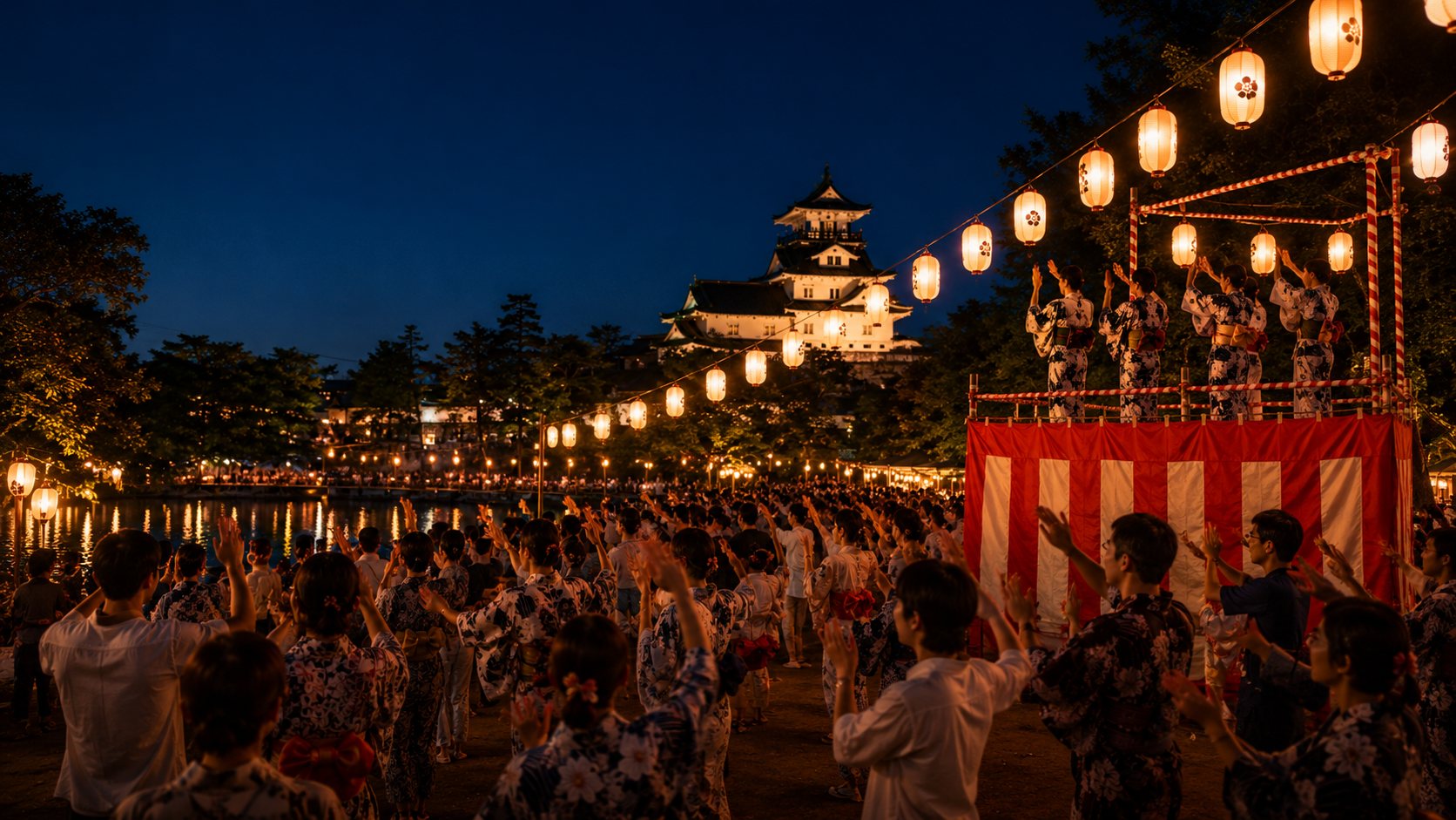 富山城を背に、提灯の灯りの下で踊る人々