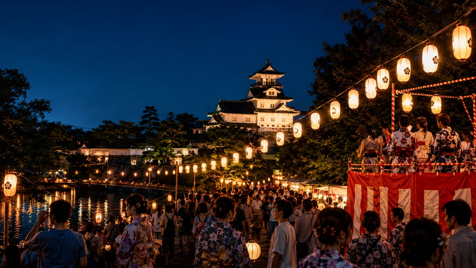 提灯の灯る夜の公園を歩く人々